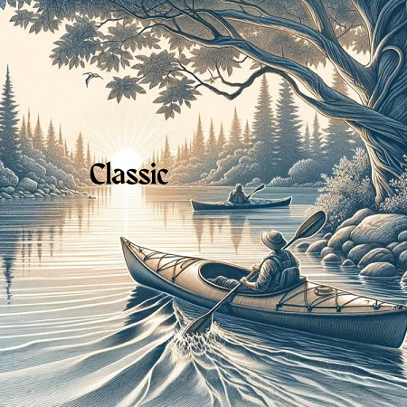 classic kayak on lake with word classic in the sunset