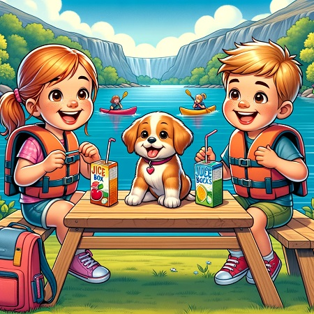 Cartoon kid kayakers enjoying a juice box at the picnic table.