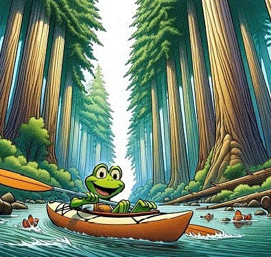 Cartoon frog kayaking in a river.