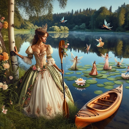 Princess by her kayak, fairies dancing on the lake