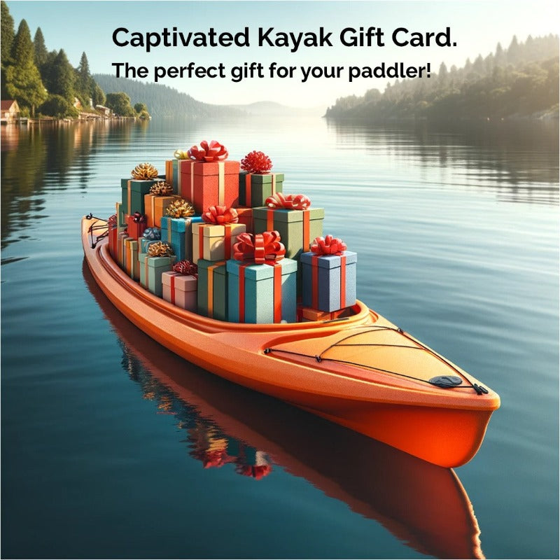 kayak on a lake filled with wrapped gifts for kayakers